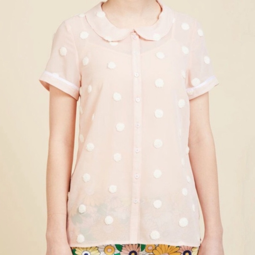 ModCloth pink blouse white polka dots Peter Pan M